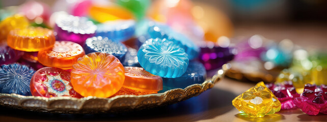 Fototapeta premium Close-up of Colorful Ramadan Eid Candy, Traditional Ottoman Candy on minimal background with copy space. Traditional national holiday candy sweets.