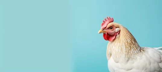 Foto op Plexiglas Fashionable happy chicken posed on solid pastel color background with copy space for text placement © Andrei