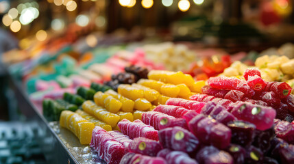 Fototapeta na wymiar Colorful Ramadan Eid Candy, an assortment of Traditional Ottoman Candy on the counter of a street market. Oriental sweets.