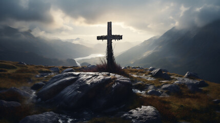 Cross in the mountain, realistic. AI Generative