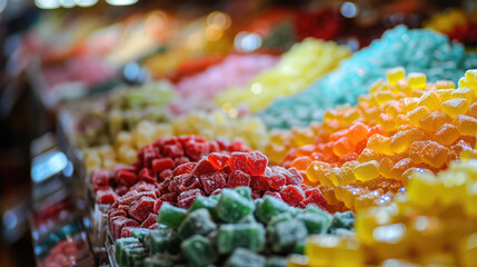 Colorful Ramadan Eid Candy, an assortment of Traditional Ottoman Candy on the counter of a street market. Oriental sweets, sunny day.