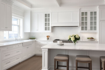 A stylish white kitchen design with a large marble island and empty counter and stools and light cabinets. Copy space.