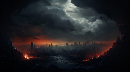 Obraz premium Concept of End of the World, good and bad, dark scenery. realistic. AI Generative