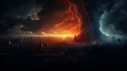 Concept of End of the World, good and bad, dark scenery. realistic. AI Generative