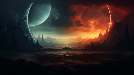 Concept of End of the World, good and bad, dark scenery. realistic. AI Generative