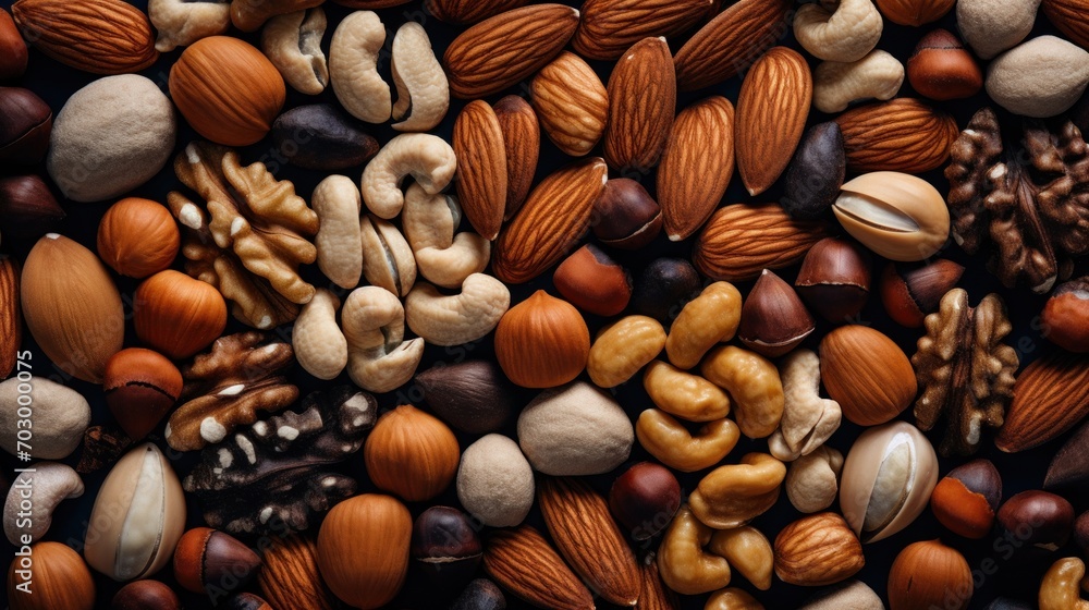 Poster a close up of nuts and nutshells on a black surface with one nut in the middle and the other nut in 