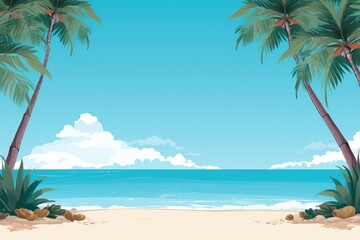 banner template featuring a tropical beach scene with clear blue skies and palm trees 