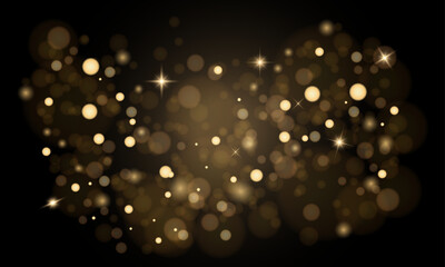Golden bokeh vector banner on black background with stars and blurry lens flare,