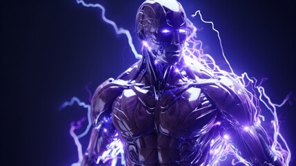 High-tech robot with purple energy in the form of lightning, AI