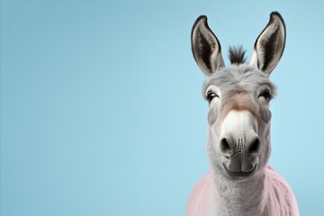 Styled and happy donkey on pastel background, isolated in studio for fashion shoot with text space