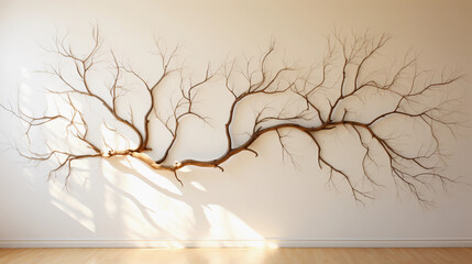 Artistic Tree Branches on a White Wall and Wooden Floor
