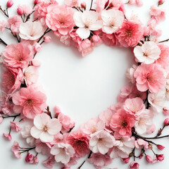 Fototapeta na wymiar Heart-Shaped Flowers and Cherry Blossoms for Valentines Day, Roses, Ranunculus, Daisies, Dahlias, etc. 