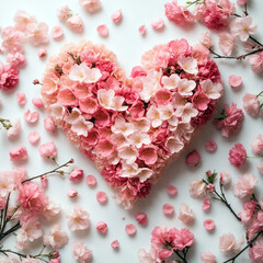 Obraz premium Heart-Shaped Flowers and Cherry Blossoms for Valentines Day, Roses, Ranunculus, Daisies, Dahlias, etc. 