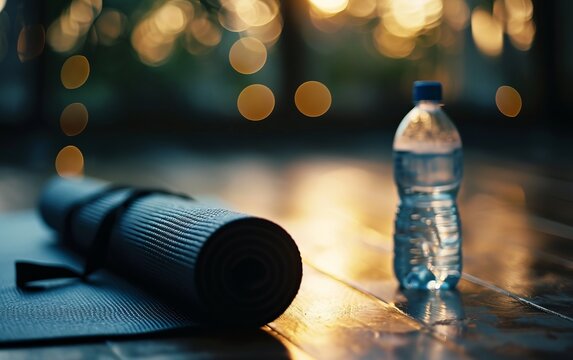 Close up of a bottle of water and yoga mat on wooden floor.