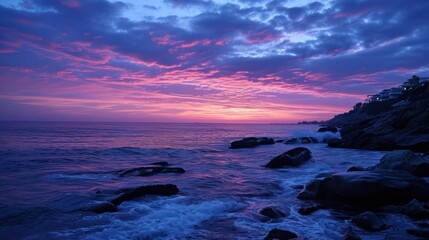 Naklejka premium A stunning view of the sunrise at blue hour, with a serene atmosphere and the beauty of the sky painted in shades of blue and purple