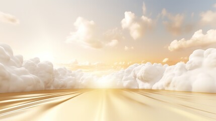Generative AI, White and golden fantastic 3d clouds in the room interior, sky and landscape. Gentle colors and with bright lights.	
