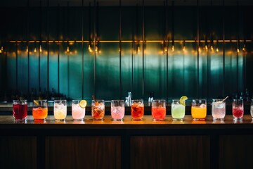 Mixology mastery: A sleek bar counter featuring a lineup of colorful cocktails, a testament to the skillful craftsmanship and creativity of the bartender
