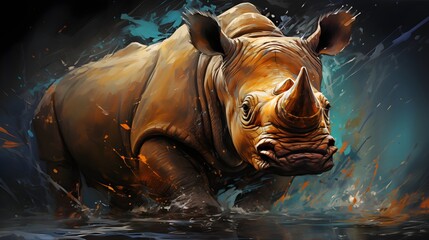 Dynamic Digital Watercolor Wallpaper of a Rhinoceros Emerging From Water With Splashing Effects - obrazy, fototapety, plakaty