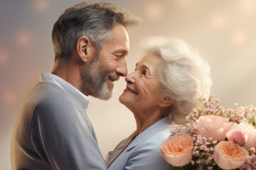 Close-up photo capturing the sincere embrace of an older man gifting a bouquet to an elderly woman, marking Mother's Day and International Women's Day
