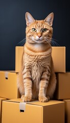 Stack of cardboard boxes with cat inside, symbolizing donation concept and moving to a new home