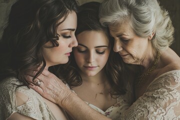 An endearing family portrait capturing the love and connection that flows through the generations, with grandmother, mother, and daughter