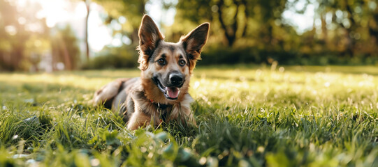 A domestic dog is playing on a bright green lawn. A joyful dog plays enjoying the warmth of the season