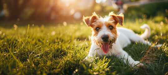 A domestic dog is playing on a bright green lawn. A joyful dog plays enjoying the warmth of the...