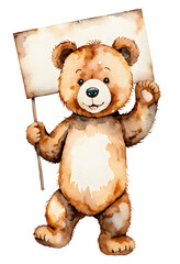 cute teddy bear holding a empty sign isolated against transparent background in watercolor design