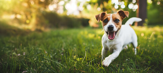 A domestic dog is playing on a bright green lawn. A joyful dog plays enjoying the warmth of the season