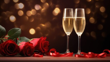 Valentines day background with champagne glasses and red roses