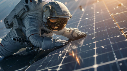 Spaceman in spacesuit repairing solar panels in the void of outer space