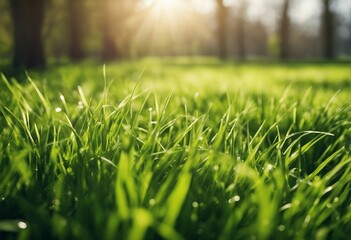 Spring and nature background concept Closeup green grass field with blurred park and sunlight