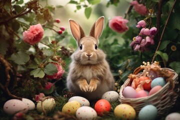 Fototapeta na wymiar Amidst the colorful blooms and Easter eggs of spring, an Easter bunny adds a touch of magic to the forest, evoking a fairy-tale atmosphere