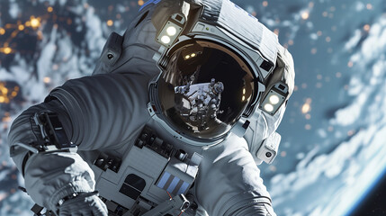 Fototapeta premium In outer space astronaut in spacesuit repairs some damage against planet backdrop