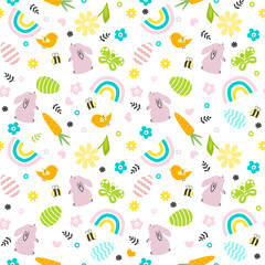 Happy Easter seamless pattern. Easter texture with colourful eggs, bunnies,  flowers, bee, butterfly, birds and rainbow
