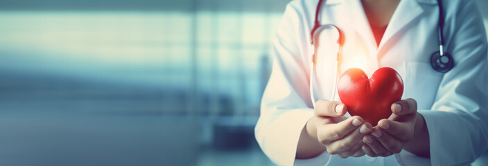 close up of female doctor hands holding red heart with stethoscope on background. healthcare and medical service concept - obrazy, fototapety, plakaty
