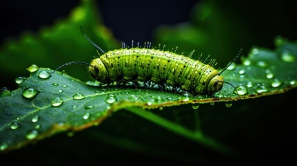  a close up of a caterpillar on a green leaf with drops of water on it's surface.