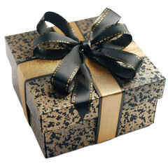 A luxury gift box with a black ribbon and golden glitter detailing isolated on a transparent background, ideal for festive occasions.