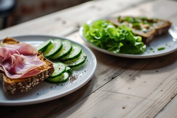 A light wooden table sets the stage for two white plates of appetizers: one with bread, lettuce, and cucumber, the other with bread and slices of ham or boiled meat, underscoring their simplicity