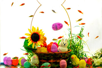 Easter basket with gold fish swimming around