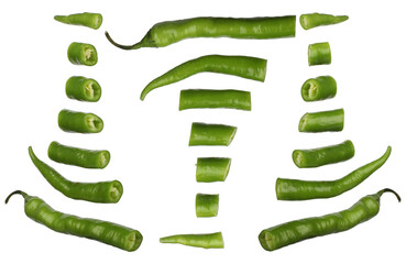 Fresh green pepper isolated on a white background. Set or collection, sliced and whole, top view, close-up, isolated background.
