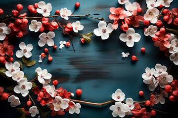 Delicate white and red flowers on wooden background as a symbol of love are mixed on a Valentine's Day greeting card template. Flat lay, top view, copy space.