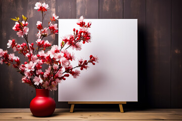Valentine's Day greeting card mockup with branch of cherry blossoms in a red vase on a dark background and blank frame for your words of love