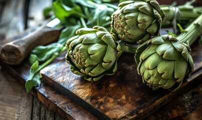 Obraz premium Fresh artichokes on a rustic wooden board with a knife.