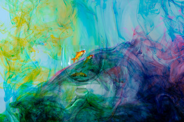 Gold fish in fishbowl surrounded by swirling colors