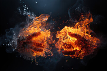 Man's hands in the flames of fire. Generated by artificial intelligence - obrazy, fototapety, plakaty