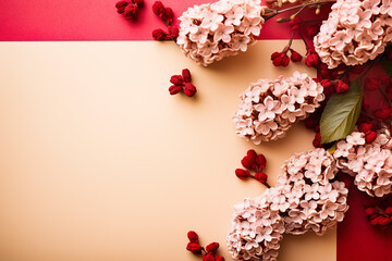Delicate white flowers on the red background as a symbol of love are mixed on a Valentine's Day greeting card template. Flat lay, top view, copy space.