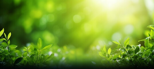 Fresh green bio background with blurred foliage, summer sunlight, and copyspace for text or ads