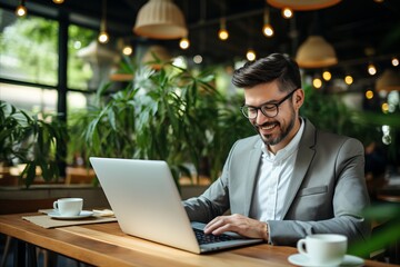 Asian businessman typing on laptop in a cozy cafe, embracing remote work with a smile.