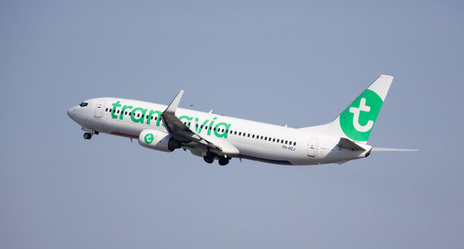 Barcelona, Spain - August 18, 2023: Modern comfortable business jet of Transavia Airlines takes off from El Prat Airport, Barcelona